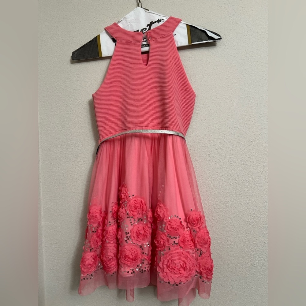 Beauties Elegant Halter-Neck Pink Kids Dress with Floral & Sequin Accents SZ 12 - Picture 4 of 5